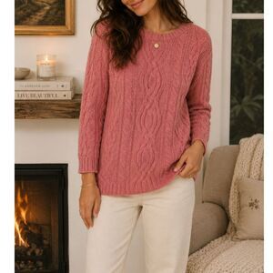 Aran Crafts Pink Irish Cable Knit Sweater Tunic Oversized Merino Wool Blend M